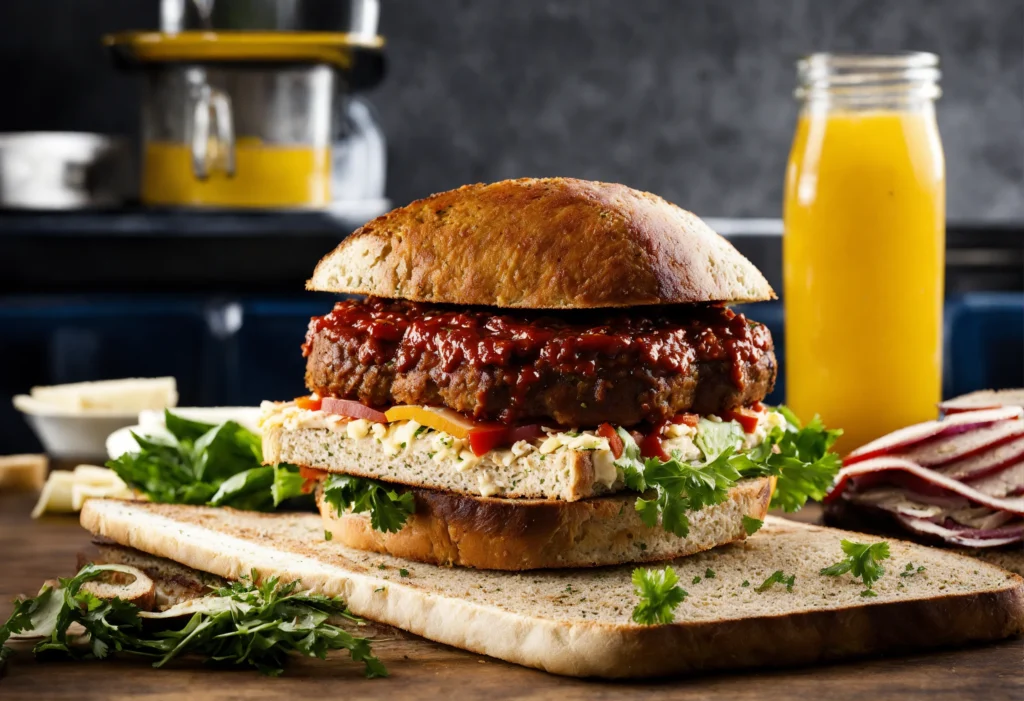 Rustic Kitchen Scene with Deliciously Baked Meatloaf and Ingredients