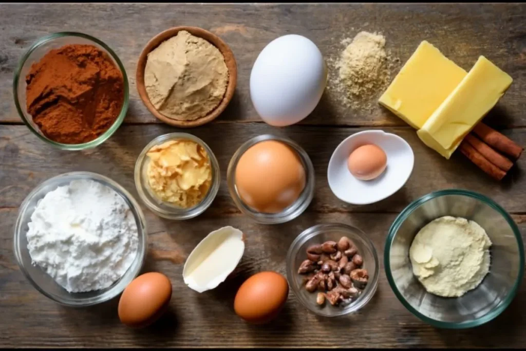 Key ingredients for Biscoff cookies recipe on a rustic kitchen counter