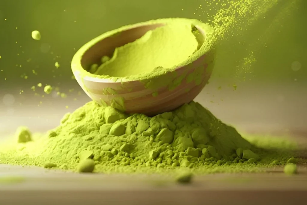 Green tea leaves and matcha powder with a traditional Japanese backdrop.
