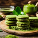 Elegant display of various matcha biscuits with matcha powder and tea leaves in the background