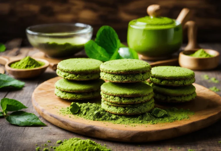 Elegant display of various matcha biscuits with matcha powder and tea leaves in the background