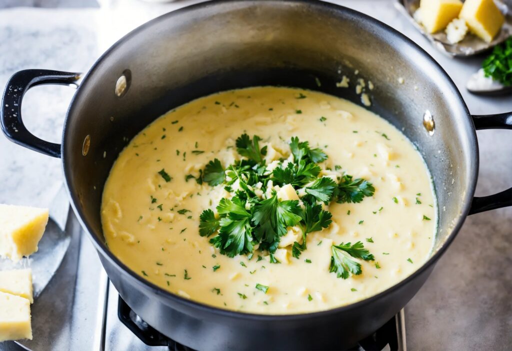 Ingredients for Garlic Parmesan Sauce with a saucepan on a stove."
Caption: "Preparing the Perfect Garlic Parmesan Sauce.