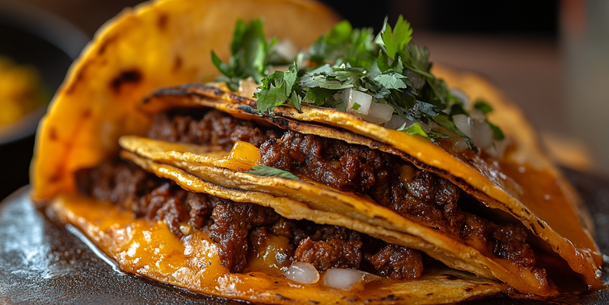 Traditional Mexican kitchen with a clay pot of slow-cooked birria, consommé, and corn tortillas, surrounded by fresh onions, cilantro, and lime wedges.