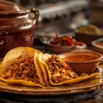 Vibrant Mexican kitchen with a plate of crispy birria tacos, a bowl of consommé, a Dutch oven on the stove, and traditional spices and chiles.