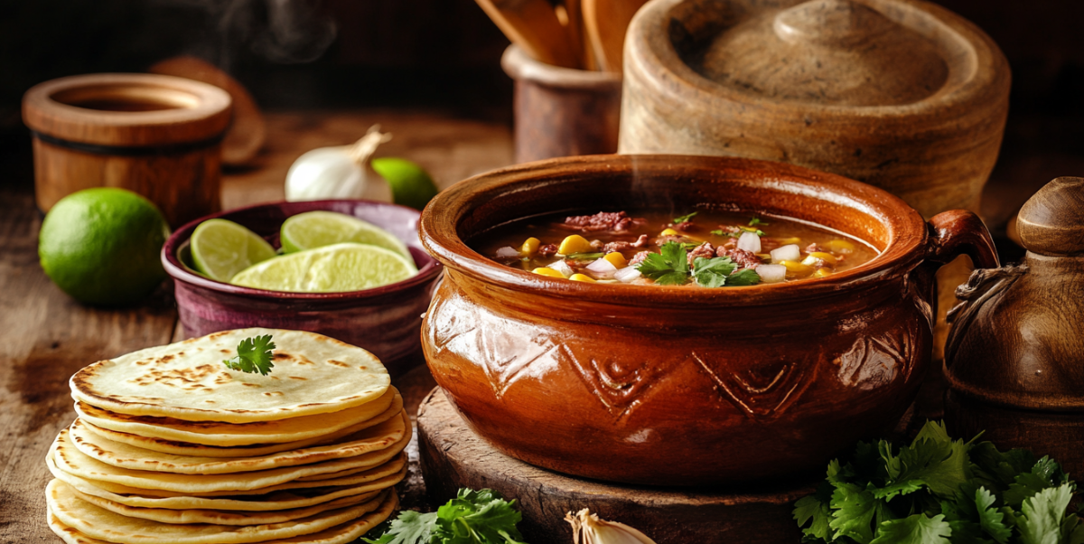 Dutch oven with shredded birria meat, bay leaves, onions, and garlic simmering in broth on a stovetop in a cozy kitchen.