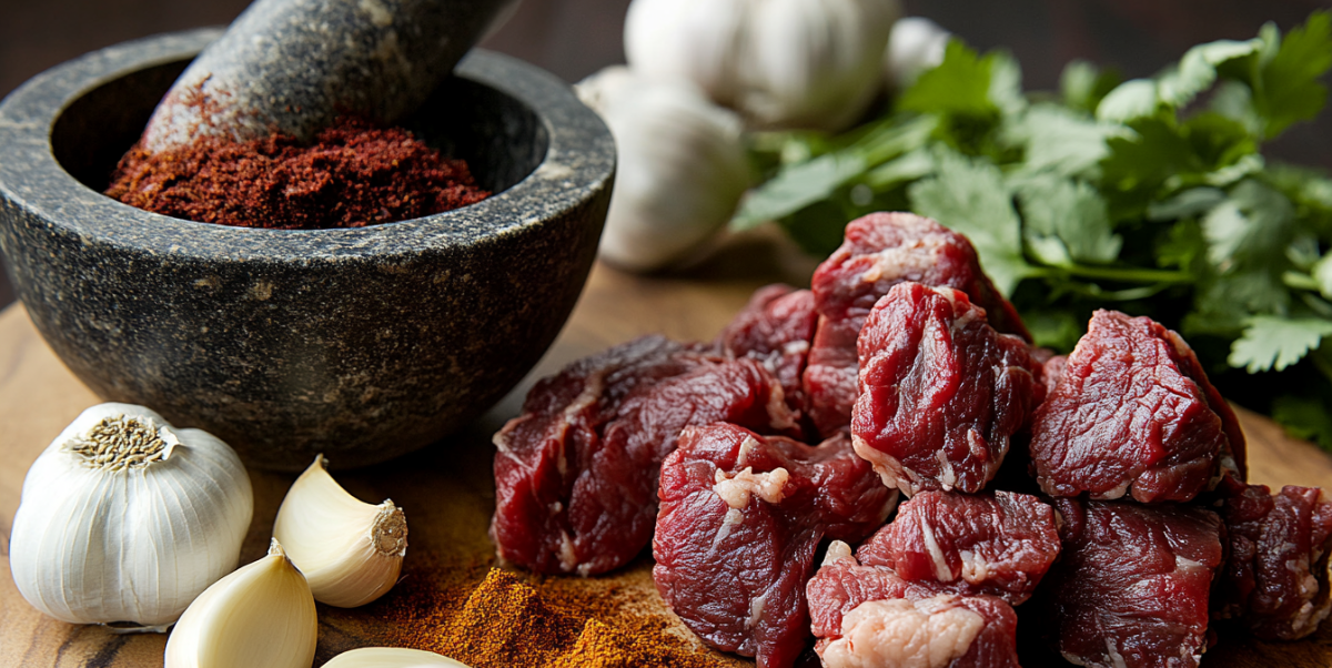 Close-up of birria taco ingredients including dried guajillo and ancho chiles, raw beef, garlic, cumin, cloves, and cinnamon on a wooden board.