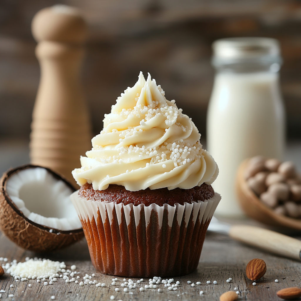 Classic milk-free cupcake with dairy-free ingredients like almond milk, coconut oil, and vegan butter in the background.