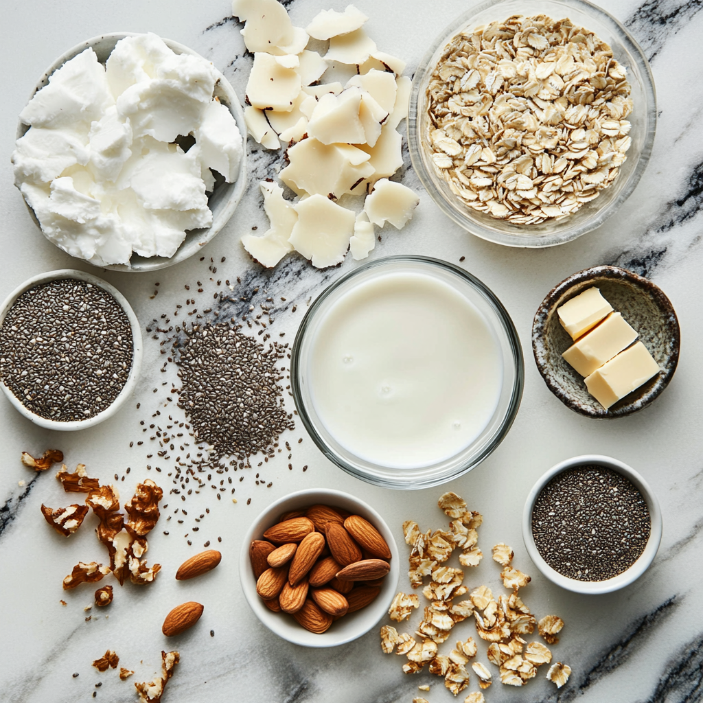 Dairy-free ingredients like almond milk, coconut milk, chia seeds, flaxseeds, vegetable shortening, and non-dairy butter arranged on a kitchen countertop